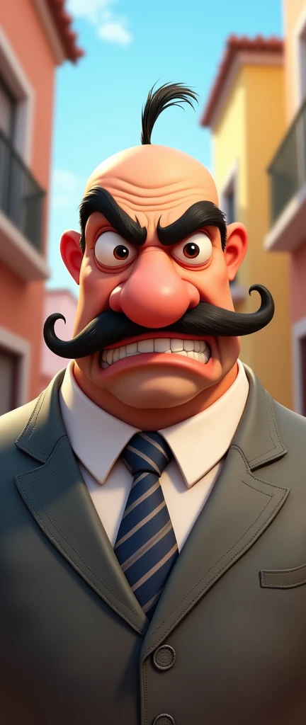 a cartoon guy that is a angry boss, (colorful design), (Disney style),(pixar style:1.5), bald with a big nose and big mustache,your shirt is white and your suit is gray, he wears a striped tie, has only two hairs, your nose has a straight design