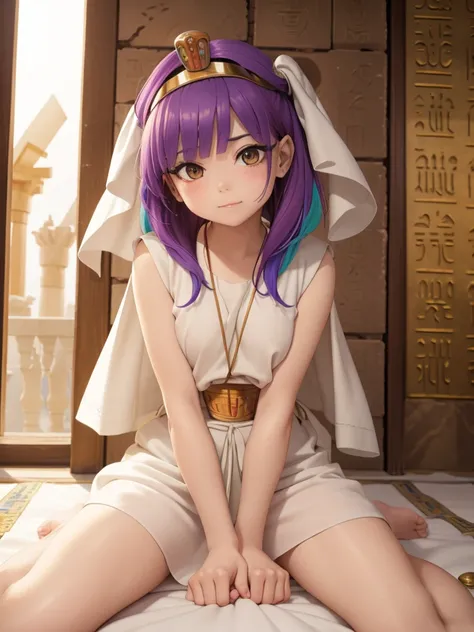 Cute ancient Egyptian princess、Colorful temples of ancient Egypt、The colorful streets of ancient Egypt、artistic、detailed、Colorful linen clothes、How to sit、front、Spread your legs