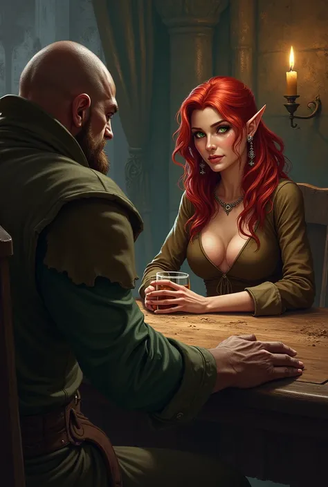 in a fantasy world, a shady tavern, a half elven woman with red mane and green eyes and thick chin and tick nose dressed in a tight and brown low cut trouser and brown small high jacket is leaning on a table dealing with an orc thug