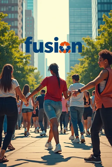 a lot of people dancing hiphop with building and trees. it also shows them helping each other with the dance move, and theres a text says " FUSION " at the back of the picture. shows it like a lot of picture is layered