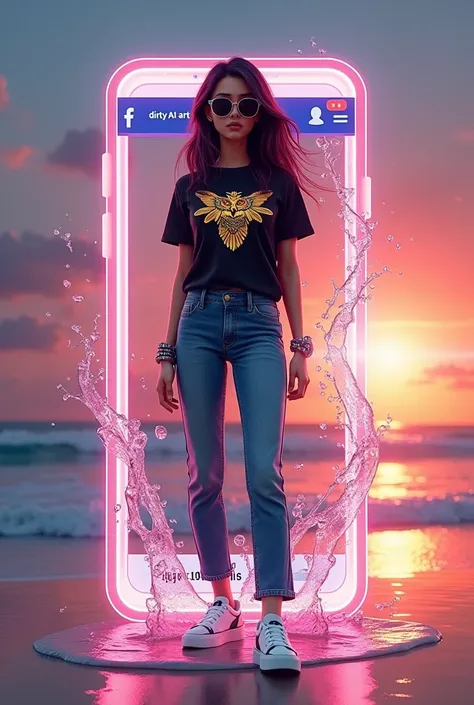 
✨️Create a 3D illustration of a realistic young woman character coming out of social networks Facebook. The character name is Suja AI Art, and wears jeans, Black t-shirt with golden owl appliqué on it, y white sneakers, dark sunglasses, colored water effe...