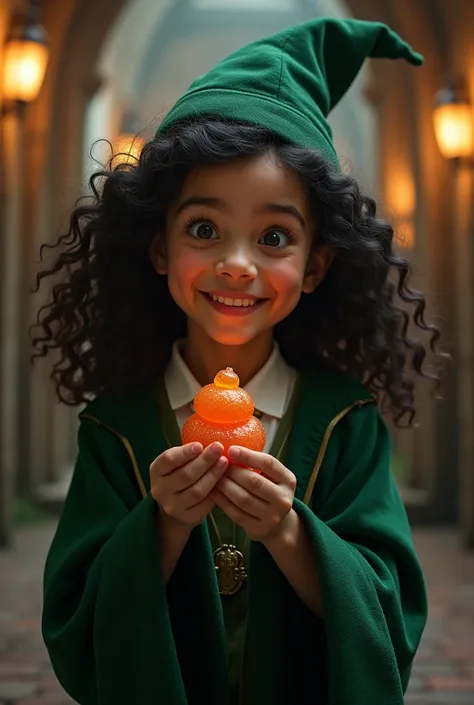 Create an image of a smiling girl with curly black hair wearing a Slytherin uniform eating a pumpkin-colored candy and if the candy can be bean-shaped 