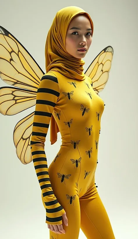 a beautiful and thin malaysian asian muslim adult girl with a shiny and beautiful face wears yellow bee lycra turtleneck unitard catsuit covered with black stripes with a pair of wings and always wear bee lycra dancewear hijab covered with black stripes.Sh...