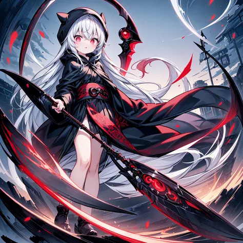 The cover image of the manga, Gray Grim Reaper Scythe, features a cute girl with waist-length white hair and ruby red eyes, standing in a beautiful pose holding a scythe The sickle has a single black handle.Red spider lily fractal art、chaos、chaos、🌹Thorns、