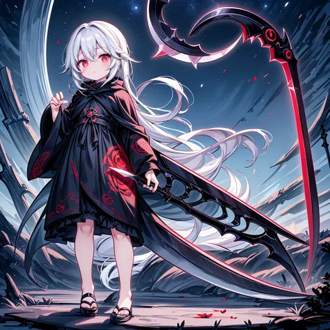 the cover image of the manga, gray grim reaper scythe, features a cute girl with waist-length white hair and ruby red eyes, stan...