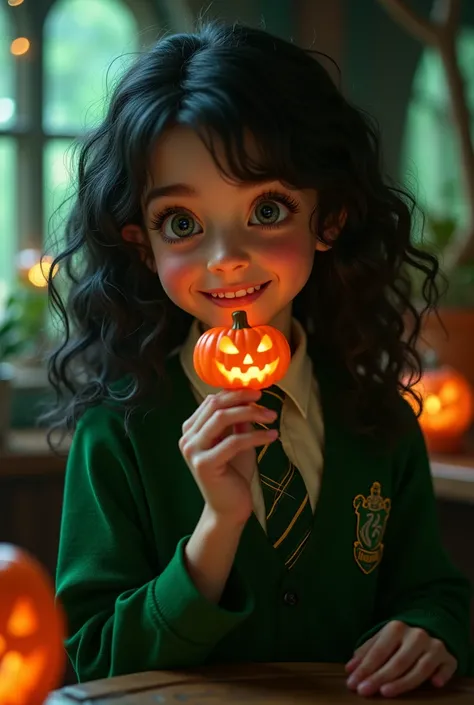 Create an image of a smiling girl with curly black hair wearing a Slytherin uniform eating a pumpkin-colored candy 