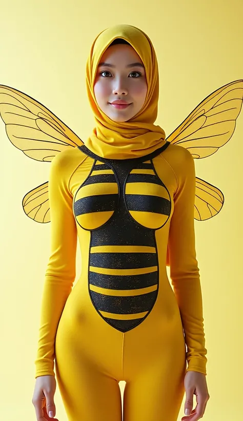 a beautiful and thin malaysian asian muslim adult girl with a shiny and beautiful face wears yellow bee lycra turtleneck unitard catsuit covered with black stripes with a pair of wings and always wear bee lycra dancewear hijab covered with black stripes.Sh...