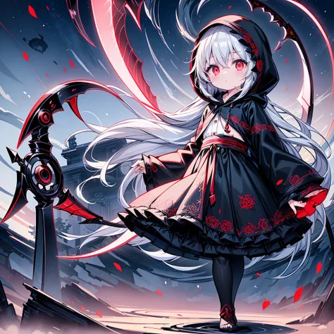 the cover image of the manga, gray grim reaper scythe, features a cute girl with waist-length white hair and ruby red eyes, stan...