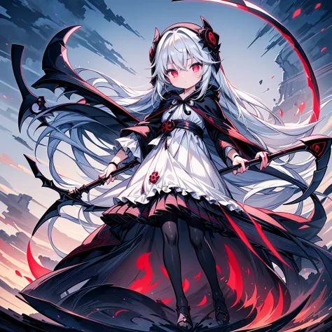 the cover image of the manga, gray grim reaper scythe, features a cute girl with waist-length white hair and ruby red eyes, stan...