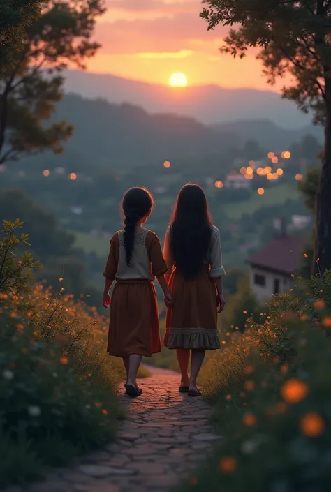 In cenamatic 3d cartoon style "The couple walking back to the village at dusk, the village lights beginning to twinkle. The mood is calm and peaceful, with a sense of contentment between them.
