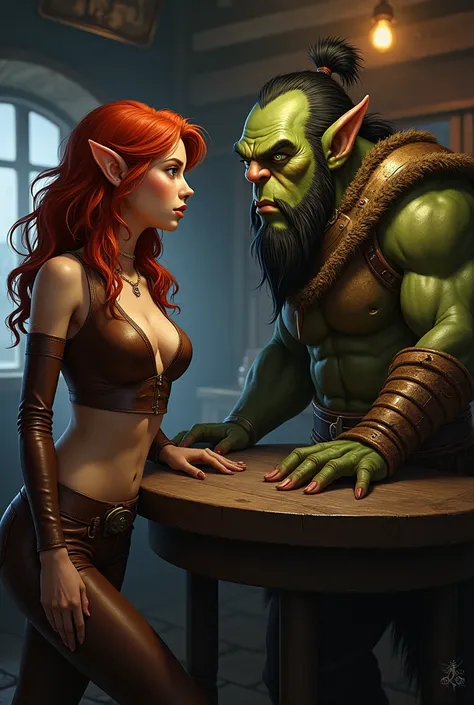 in a fantasy world, a shady tavern, a half elven woman with red mane and green eyes and thick chin and tick nose dressed in a tight and brown low cut trouser and brown small high jacket is leaning on a table dealing with an orc mercenary