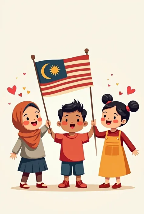 cute cartoon chubby hijab girl,indian boy and chinese girl  holding malaysia flag and holding hands png