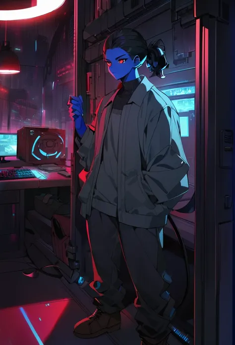 (detailed), (((normal guy))), (Arabic characteristics), ((gray wool jacket)), ((black fur rizado Ponytail hairstyle)), ((Ponytail hairstyle)), (calm face), ((by the width)), ((Brown boots)), (((whole body))), ((In a cyberpunk room)), ((male)), (gray turtle...