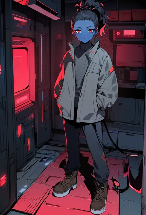 (detailed), (((normal guy))), (Arabic characteristics), ((gray wool jacket)), ((black fur rizado Ponytail hairstyle)), ((Ponytail hairstyle)), (calm face), ((by the width)), ((Brown boots)), (((whole body))), ((In a cyberpunk room)), ((male)), (gray turtle...