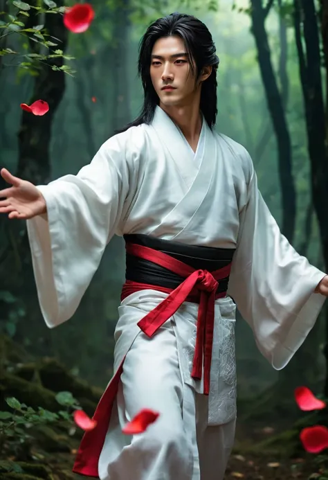 A young looking male character, with long, straight hair of vibrant red color, caindo suavemente sobre seus ombros. your face is delicate, with fine features and expressive emerald green eyes. He wears traditional Japanese clothing, a white kimono with gol...