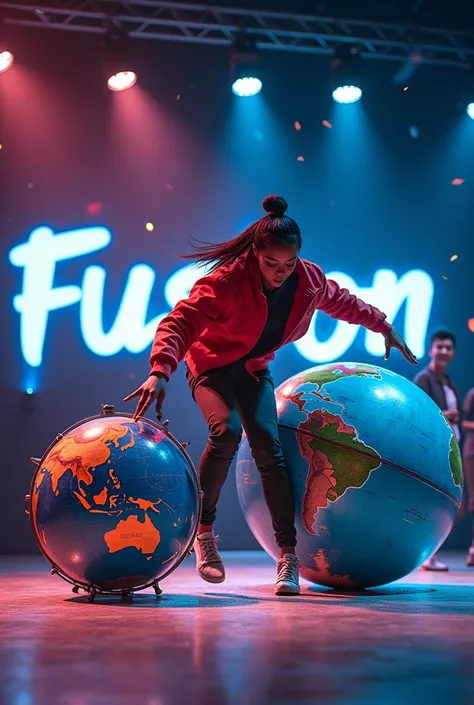 a dancers dance hiphop with a globe and tres and a name "FUSION" at the back