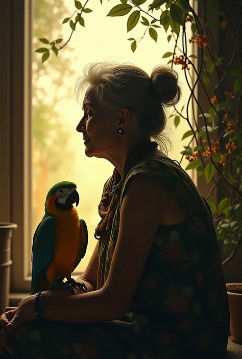 Profile silhouette of 67 year old senior woman hippy bohemian spending time with her parrot and chameleon






