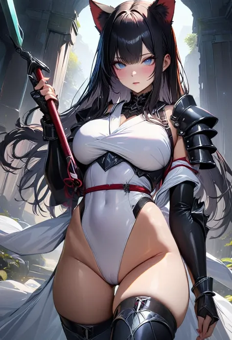 ((solo)), 1girl, ((curvy)), ((skindantation: 1.2)), perfect face, ((azur lane)), ((Samurai Armor)), ((skin-tight light pink leotard)), ((white kimono: 1.3)), (ultra high leg cut: 1.2), ((samurai armor breastplate )), (gauntlet), ((black glossy hair long st...