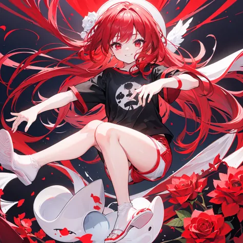 ((8k resolution)) ((ultra HD)) {child (9 years)} 1girl, red hair adorned with a rose, red eyes, black t-shirt, white tights, smile, cute, shorts