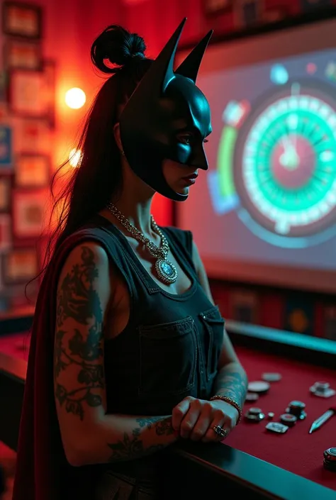 Woman in back of room looking at projector screen on wall with roulette game , with Batman mask without army vest t-shirts, with the roller print,  diamond chain, Rolex, tattooed, in a custom roulette-themed room, roulette course medals and certificate on ...