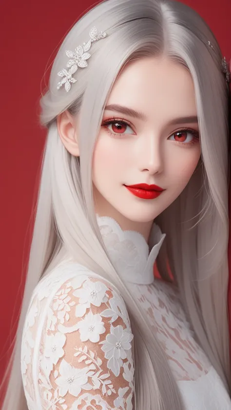 High quality image; red background; portrait; woman with long straight gray hair, red eyes, red lips; western face; age 28 years; closed mouth smile; white lace clothing.