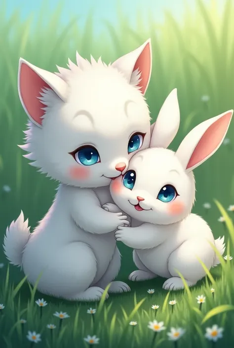 A white cat with blue eyes playing with a cute white rabbit with blue eyes, on a green grass 