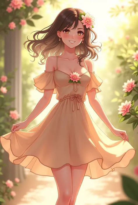 Ultra high quality，High heel，Off-shoulder，Long legs，Smile，Sunlight，Short skirt，full-body shot，Wear flowers，charming，Beautiful girl，student，School Belle