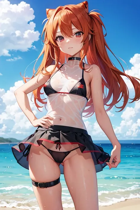 Shikinami Asuka Langley, Swimwear, Ultra mini skirt, Sheer skirt, See-through costume,  Sweat, Panties, See-through nipples, Ocean, Sandy Beach