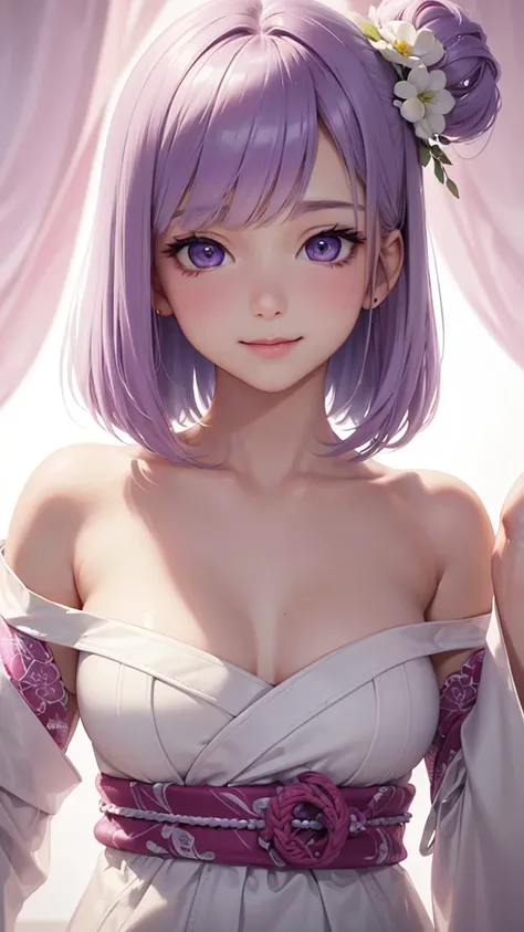 Best Quality,High resolution,8k,(plain white background, no patterns, no textures, just a plain white background:1.3),Masterpiece:1.2),beautiful girl,(focus face),Glossy, deep purple hair,(bob cut:1.2),Beautiful purple eyes,yukata,Gentle look,A refreshing ...