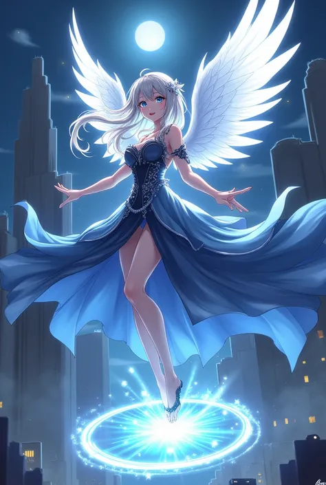 Russian、、Young、clear、Elegance、noble、Gray Hair、Silver Hair、Long Hair、Soft Hair、Blue Moon Night、city、noble、Light blue and black dress、Spreading Dresses、Anime Face、Big eyes、Bright Face、popular person、Magical girl、jump、The magic of light、magic circle、Large whi...