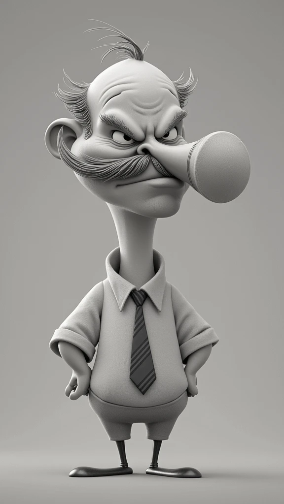 a cartoon guy that is a angry boss, (colorful design), (Disney style),(pixar style:1.5), bald with a big nose and big mustache,your shirt is white and your suit is gray, he wears a striped tie, has only two hairs, His nose has sharp edges and defined creas...