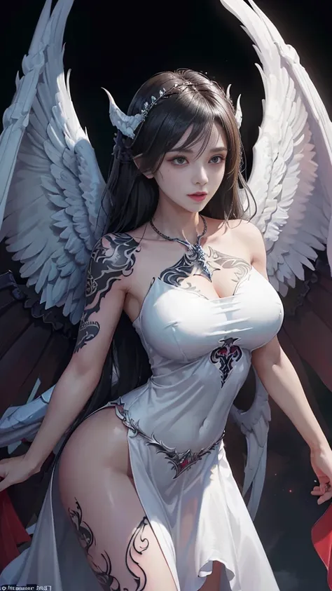 ((Perfect dynamic composition:1.7, Detailed tattoos all over the body:1.6, Wear exquisite jewelry:1.6)), Highly detailed skin and face:1.3, Details of the limbs, Wings on the shoulder, Angel wings and devil wings, White wings and black wings, (Realistic pi...