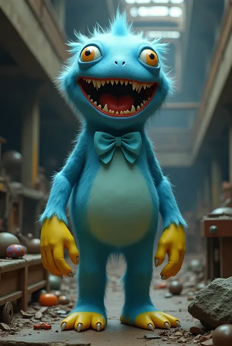 A blue monster with a red mouth with sharp teeth. The monster is very tall with yellow hands and feet with a light blue bow on its belly and it has no neck and the animal is very thin and it is in an abandoned toy factory setting.