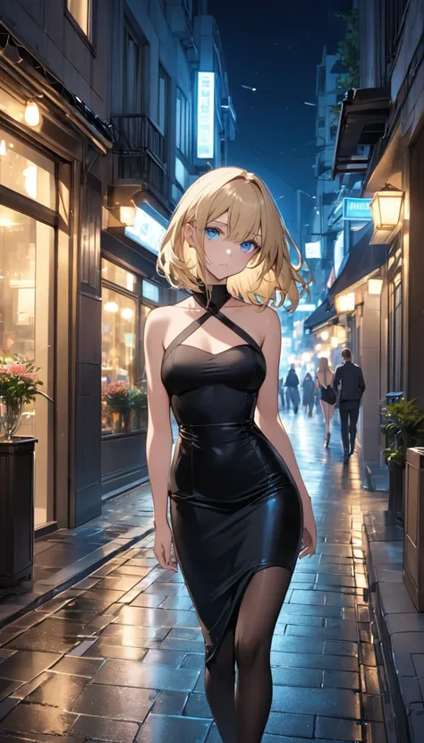 Blonde,blue eyes,black tight dress,streets,night