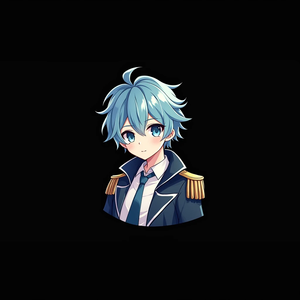 images for a Cute PNGTuber Model Cute male tuber PNG model with blue hair with blue and half dark blue eyes white shirt with blue tie and white prince coat with gold shoulder details