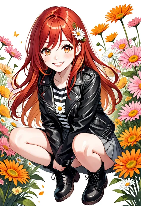 the image is a watercolor style illustration of a young girl with long red hair. she is wearing a black leather jacket with a st...