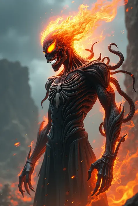 Draw a fusion of Venom and Ghost Rider