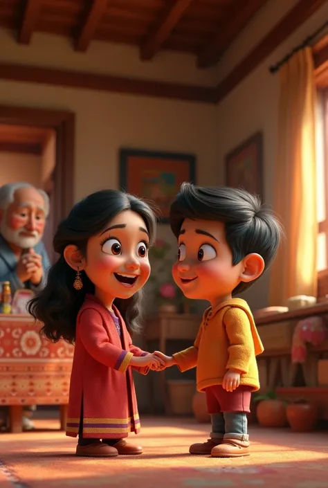 In cenamatic 3d cartoon style "A scene of Muskan and Aryan talking to Muskan’s family in a traditional village home, with warm, welcoming expressions. The family is happy, hinting at their approval of the relationship.
