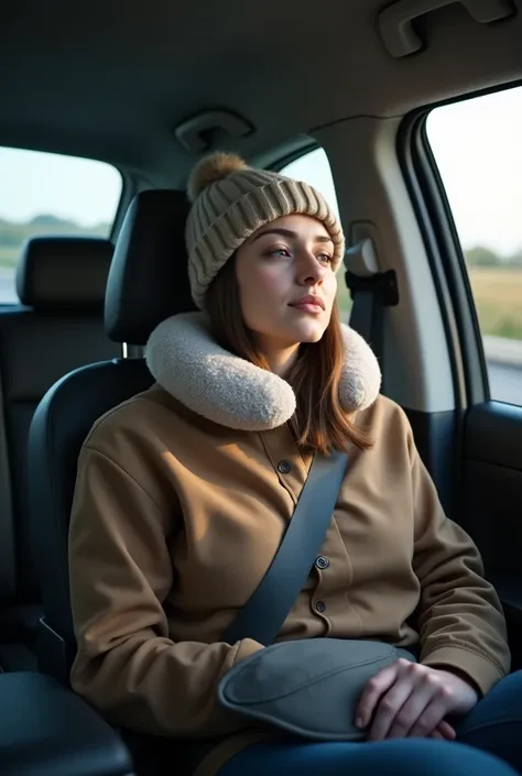 Person with neck pillow with hat and sleep mask on a car trip 
