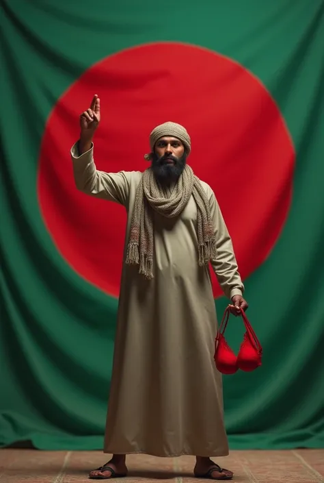 A Muslim man standing with red bra on his hand, Bangladesh flag back of him 