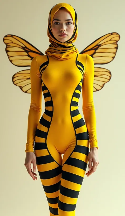 a beautiful and thin malaysian asian muslim adult girl with a shiny and beautiful face wears yellow bee lycra turtleneck unitard catsuit covered with black stripes with a pair of wings and always wear bee lycra dancewear hijab covered with black stripes.Sh...