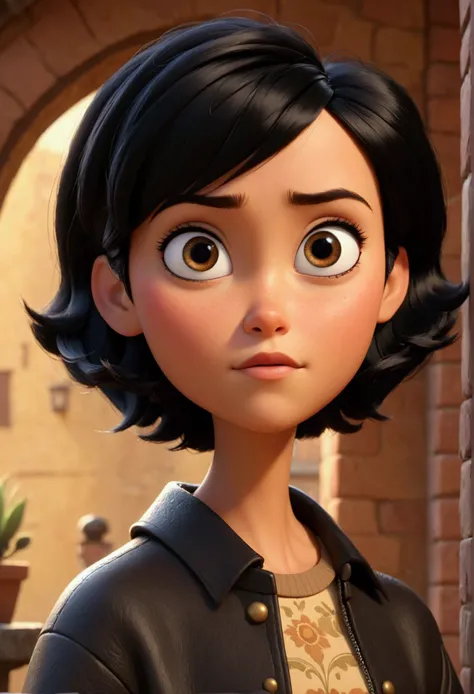 Cartoon, 3D, Style Pixar, Woman, 4, very short black hair, eyes browns rounded and large