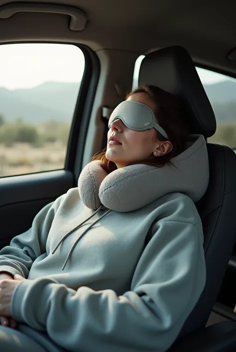 Person with hooded sweater neck pillow and sleep mask on a car trip 
