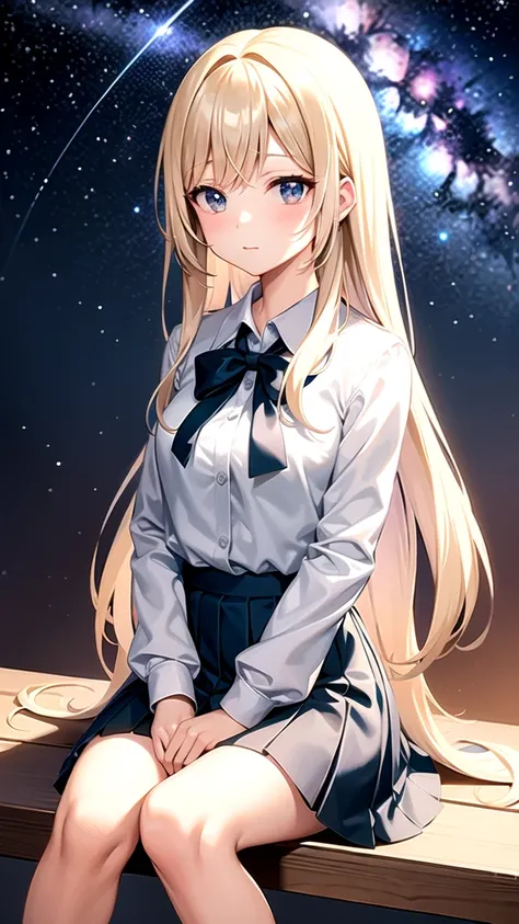  “A high school girl sitting on a grassy hill at night, gazing up at a starry sky. Her posture is relaxed, her silhouette softly illuminated by the pale glow of the stars. She wears a simple school uniform, and her long hair gently sways in the breeze. The...