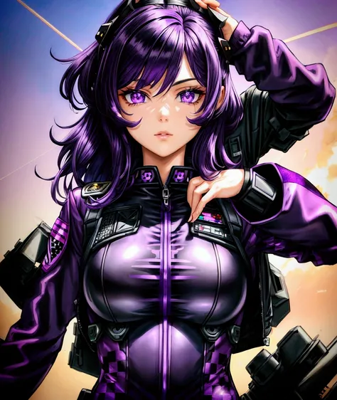 (medium hair),(purple hair),(beautiful girl),(black pilot suit),(purple eyes),(battle field)