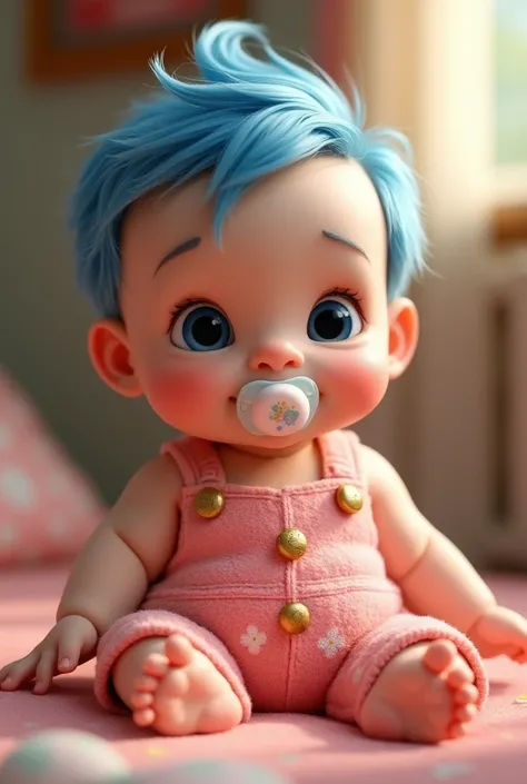 RAISING A 6 MONTH OLD BABY IN DISNEY PIXAR WITH LITTLE BLUE HAIR BIG BLACK EYES WITH A PACIFIER IN HIS MOUTH IN A PINK FLORAL OVERALL WITH GOLDEN BUTTONS SITTING 