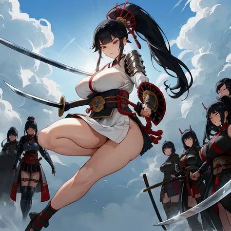 (Japanese women)、(Warrior Princess)、(War Goddess)、(Black Hair)、(ponytail)、(Old Japanese Armor)、((Holding a Japanese sword))、(True to prompts)、(upscale)、(Glaring with sharp eyes)、(Super big breasts),(battlefield)、((Many Enemies))、(sunny)、(blue sky)、(Best li...