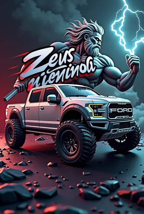 A captivating 3D rendered logo for "Team ZEUS GUERREROS" featuring a sleek and modern design. The bold "ZEUS GUERREROS" is intertwined with a sleek Silver and Black 4x4RC pickup truck, showcasing its stunning bodywork on the doors, the super-lowered LA PAT...