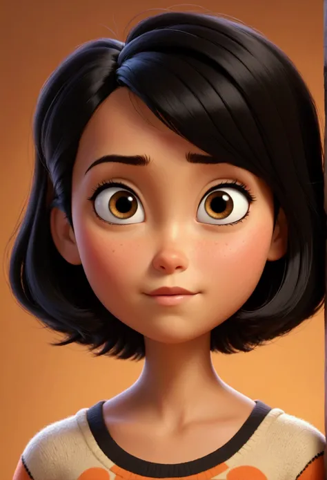 Cartoon, 3D, Style Pixar, Woman, 4, very short black hair, eyes browns rounded and large