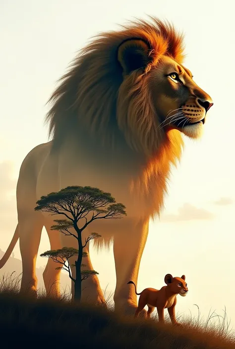 Make a photoshop poster of the lion king movie with double exposure 